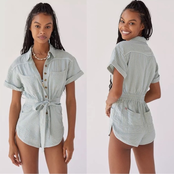Urban Outfitters | BDG Devon Linen Tie Waist Romper New XS Light Blue Stripe - Picture 1 of 9